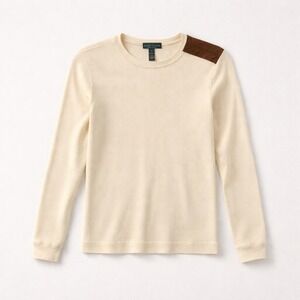 Lauren Ralph Lauren Cream Ribbed Knit Top Brown Elbow Patches XS